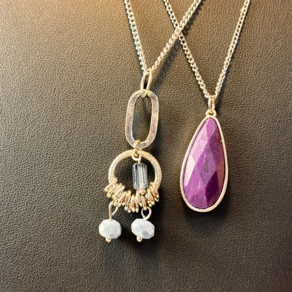 Pendant Necklace Set Purple Silver Boho Whimsygoth Statement